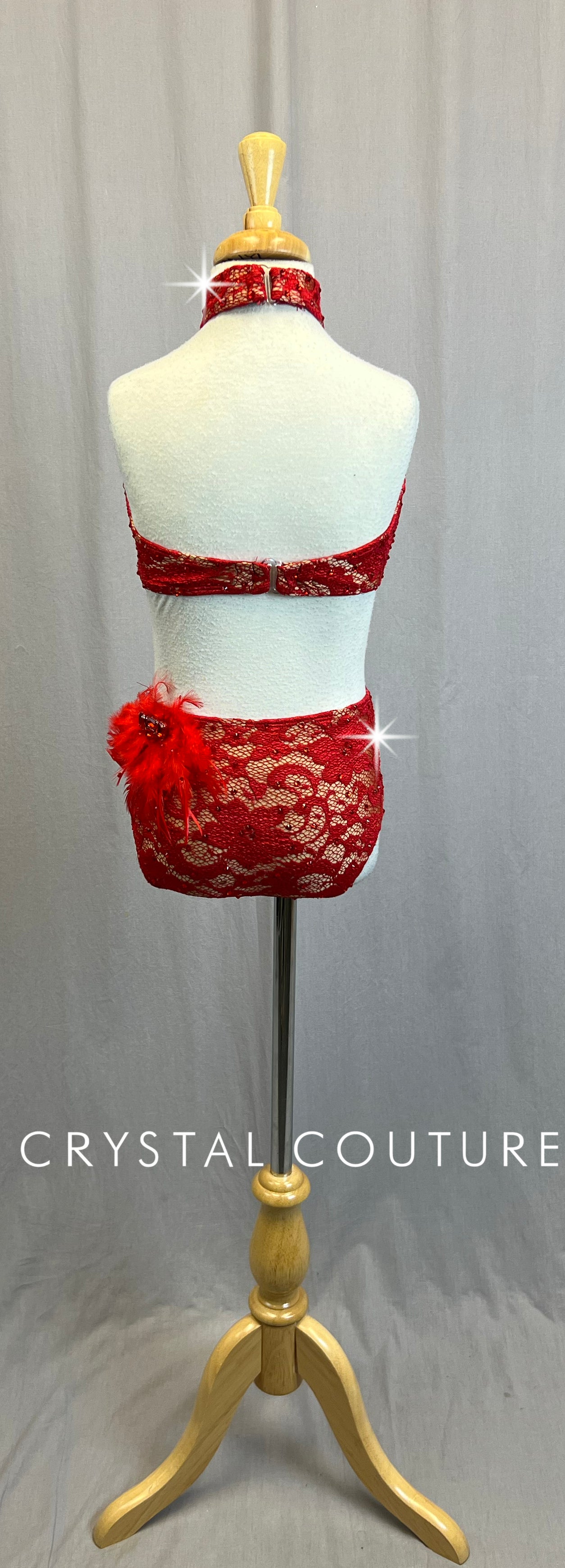 Red Lace Halter Neck Two Piece- Rhinestones
