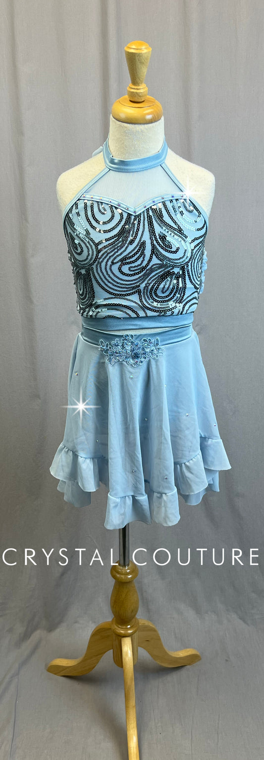 Sky Blue Mesh and Sequin Crop Top and Skirt Two-Piece Set- Rhinestones