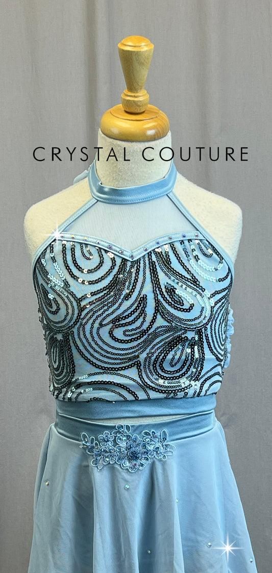 Sky Blue Mesh and Sequin Crop Top and Skirt Two-Piece Set- Rhinestones