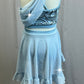 Sky Blue Mesh and Sequin Crop Top and Skirt Two-Piece Set- Rhinestones