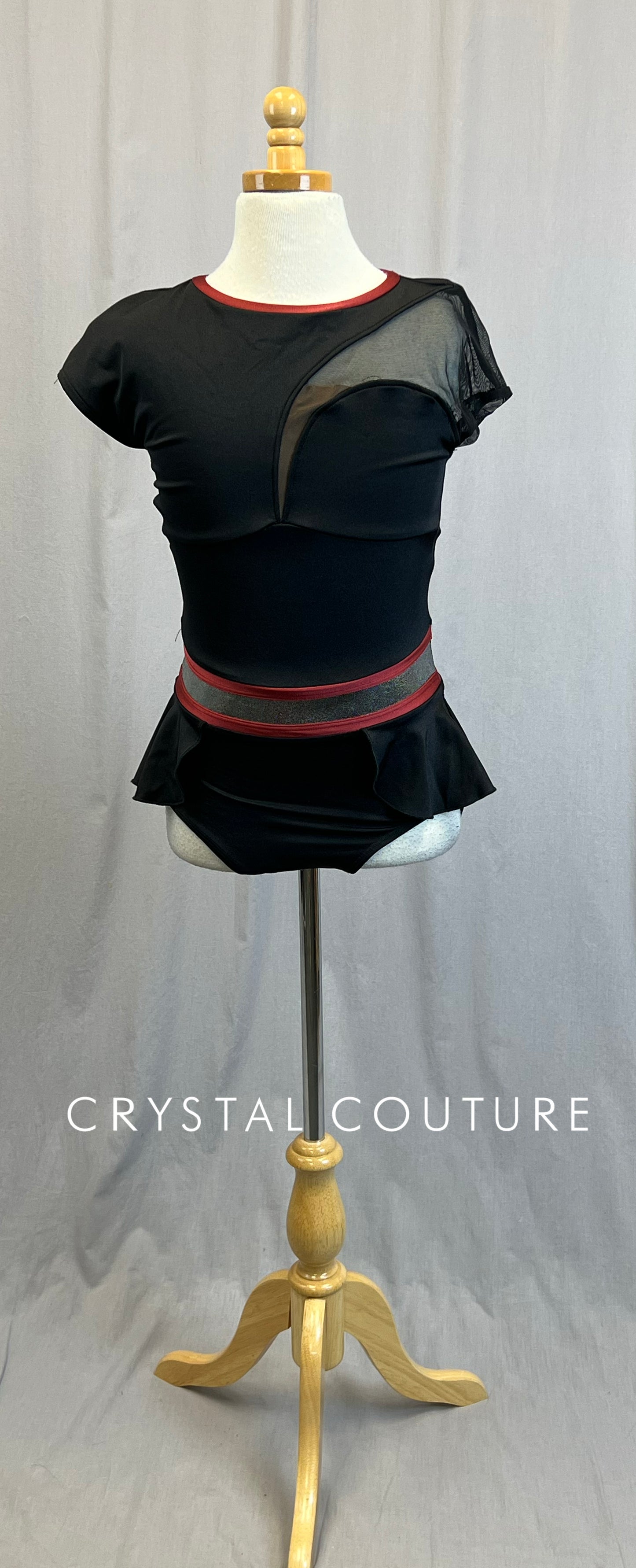 *Brand New*  Black Lycra Cap Sleeve Leotard with Burgundy and Silver Accents