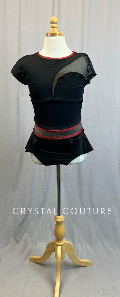 *Brand New*  Black Lycra Cap Sleeve Leotard with Burgundy and Silver Accents