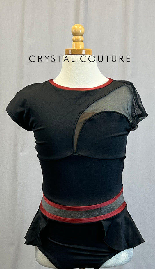 *Brand New*  Black Lycra Cap Sleeve Leotard with Burgundy and Silver Accents