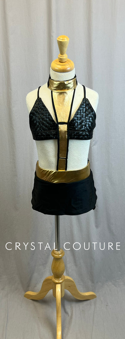 Custom Black and Gold Bra Top and Skirt Three-Piece Set