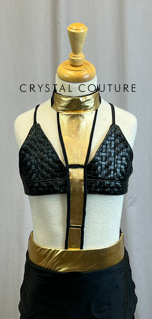 Custom Black and Gold Bra Top and Skirt Three-Piece Set