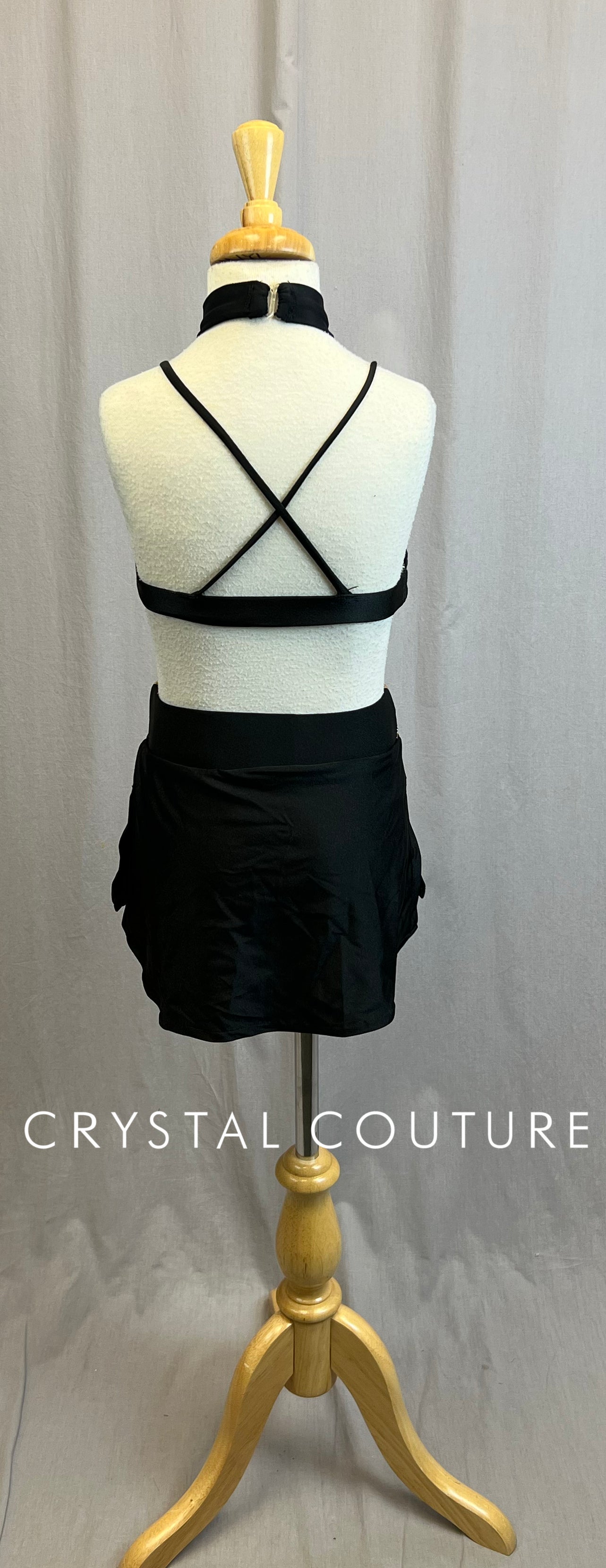 Custom Black and Gold Bra Top and Skirt Three-Piece Set