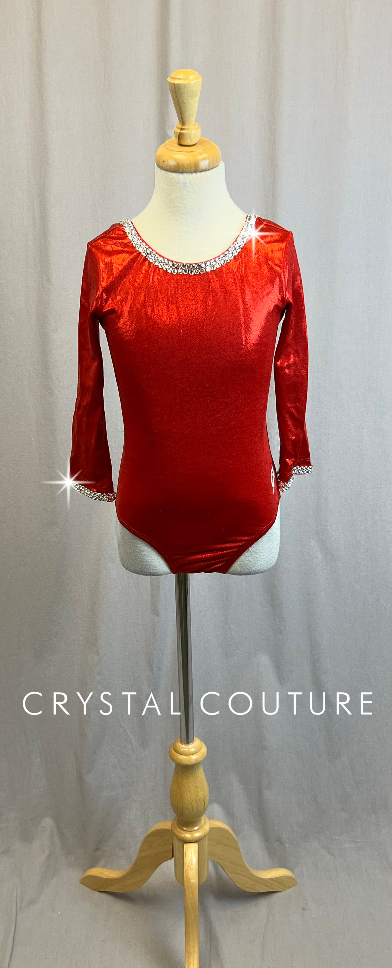 Red Metallic 3/4 Sleeve GK Leotard - Rhinestones
