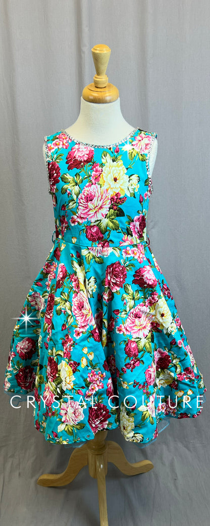 Blue and Pink Floral A-Line Swing Dress- Rhinestones