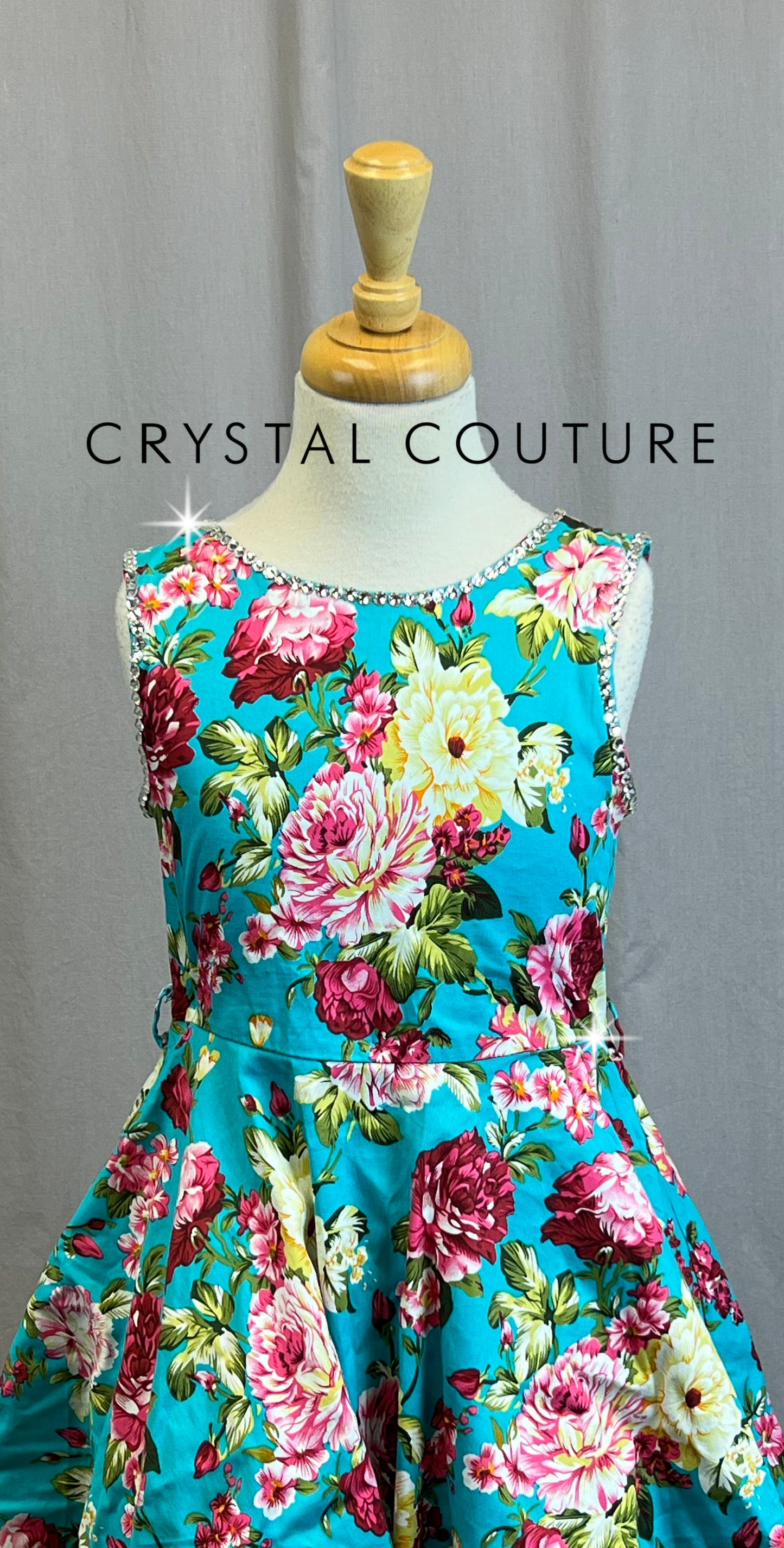 Blue and Pink Floral A-Line Swing Dress- Rhinestones