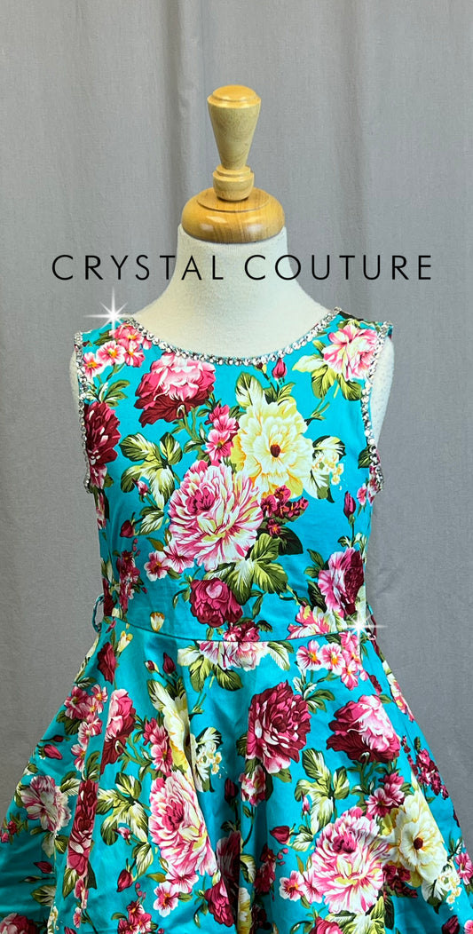 Blue and Pink Floral A-Line Swing Dress- Rhinestones