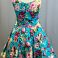 Blue and Pink Floral A-Line Swing Dress- Rhinestones
