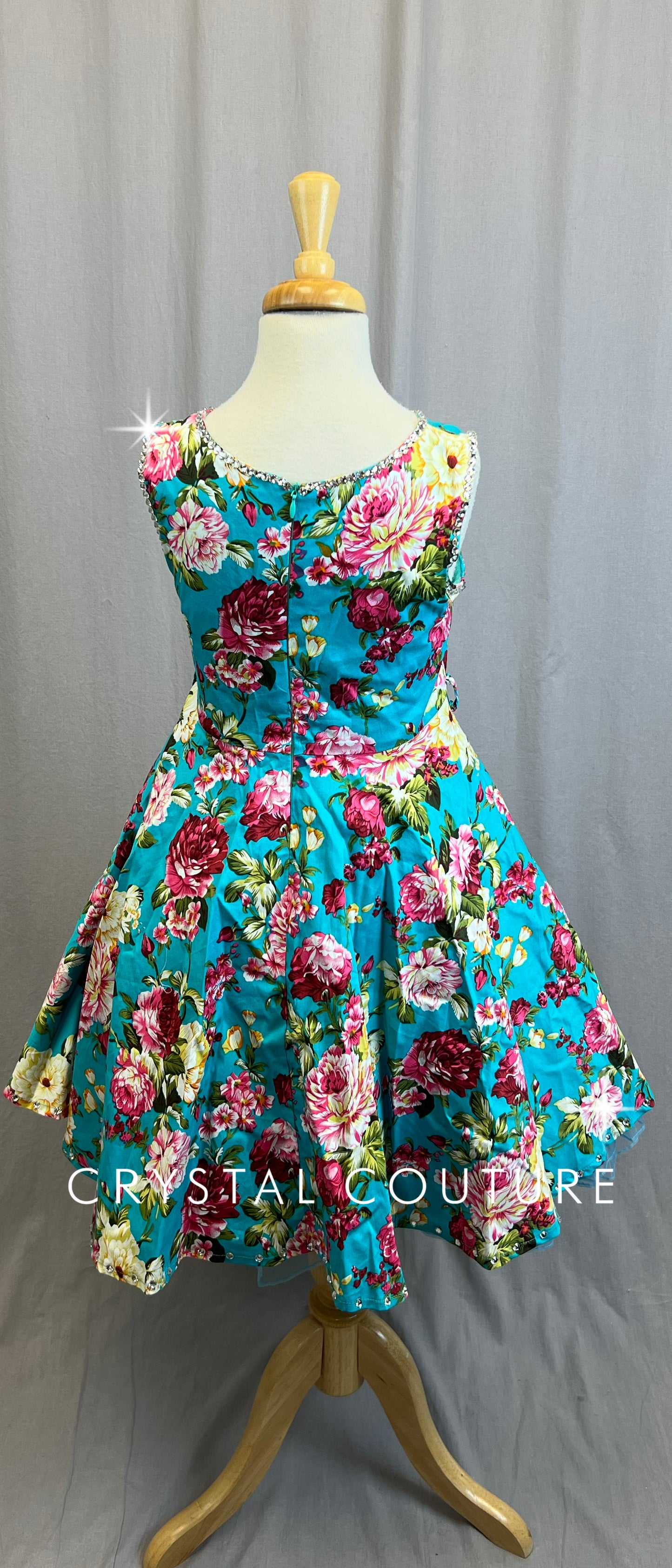 Blue and Pink Floral A-Line Swing Dress- Rhinestones
