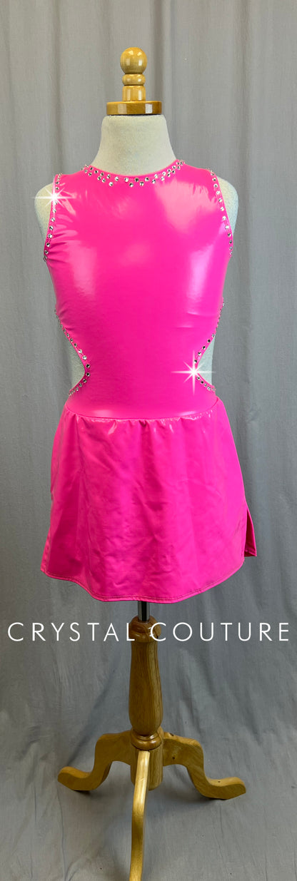 Neon Pink Pleather Dress with Cutouts - Rhinestones