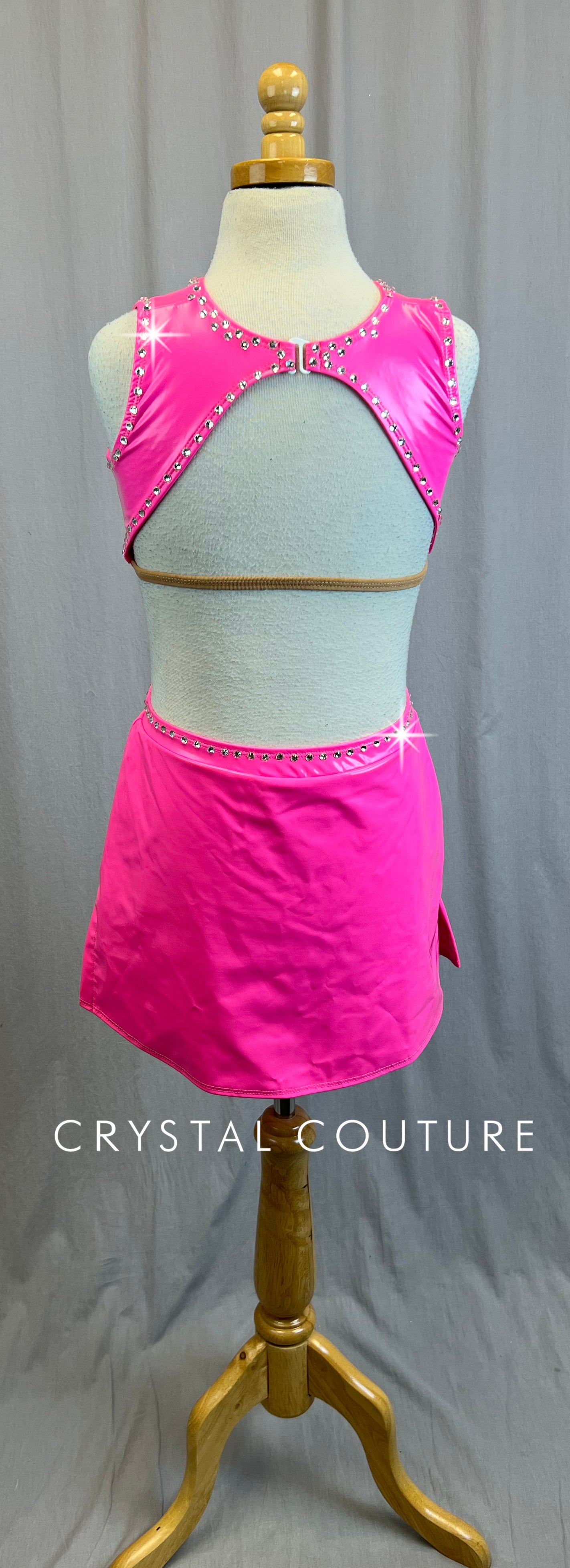 Neon Pink Pleather Dress with Cutouts - Rhinestones