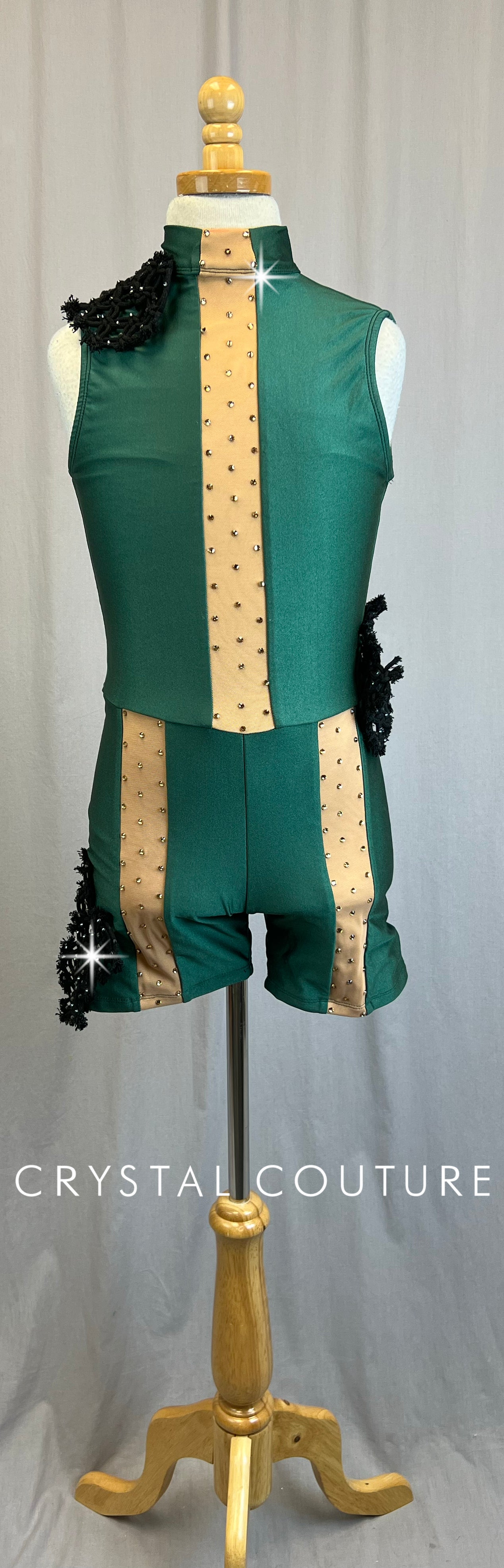 Forest Green Mock Neck Biketard with Black Woven Appliques - Rhinestones