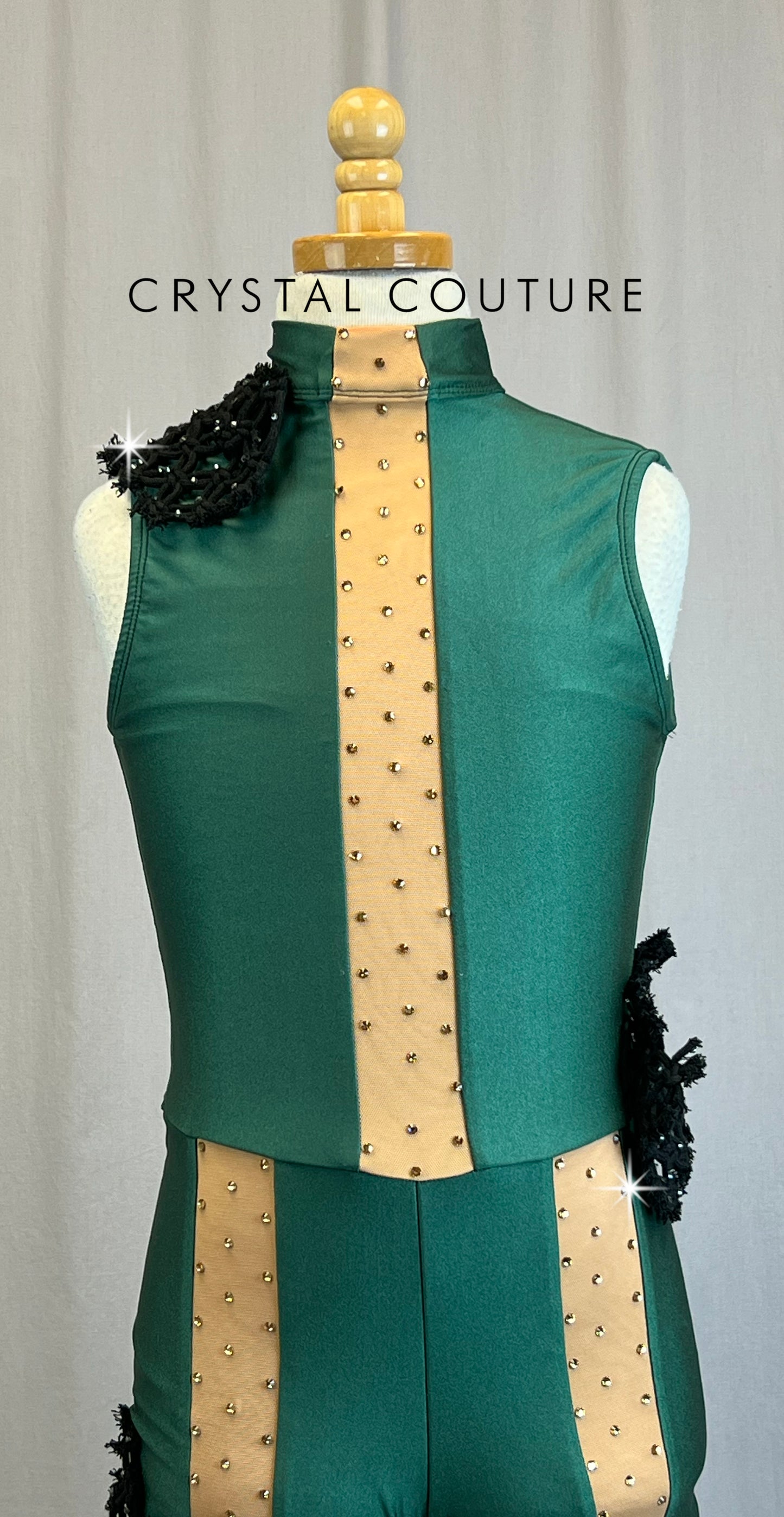 Forest Green Mock Neck Biketard with Black Woven Appliques - Rhinestones