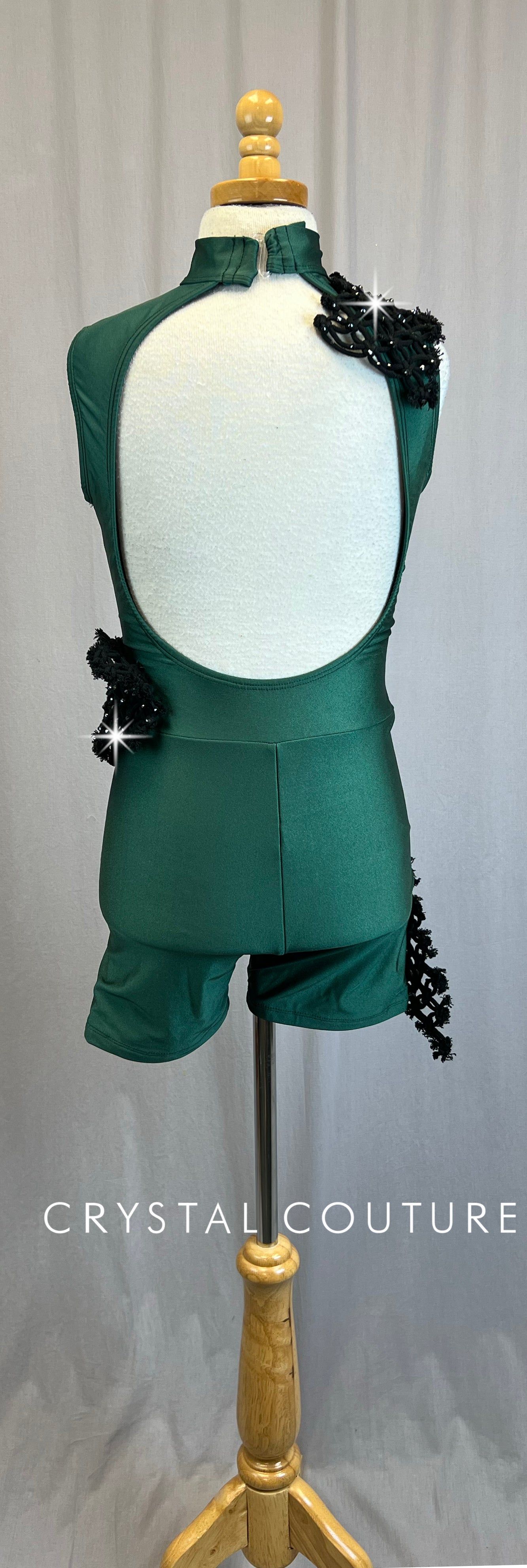 Forest Green Mock Neck Biketard with Black Woven Appliques - Rhinestones