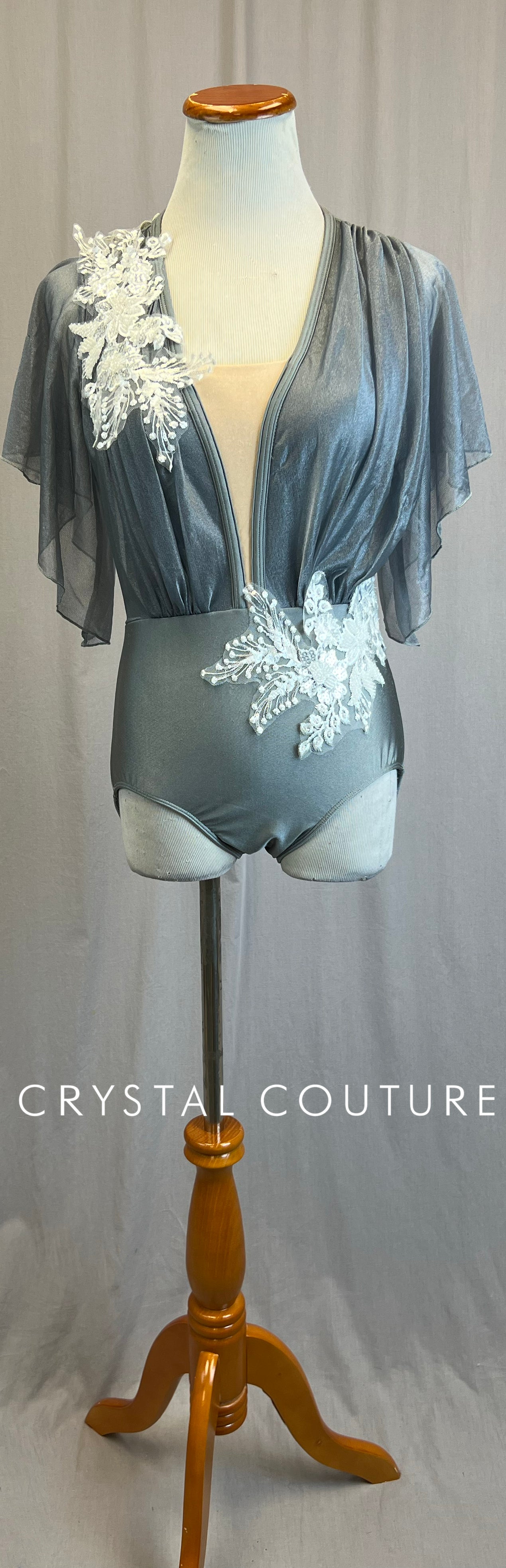 Gray Leotard with Shimmer Mesh Overlay and Flutter Sleeve