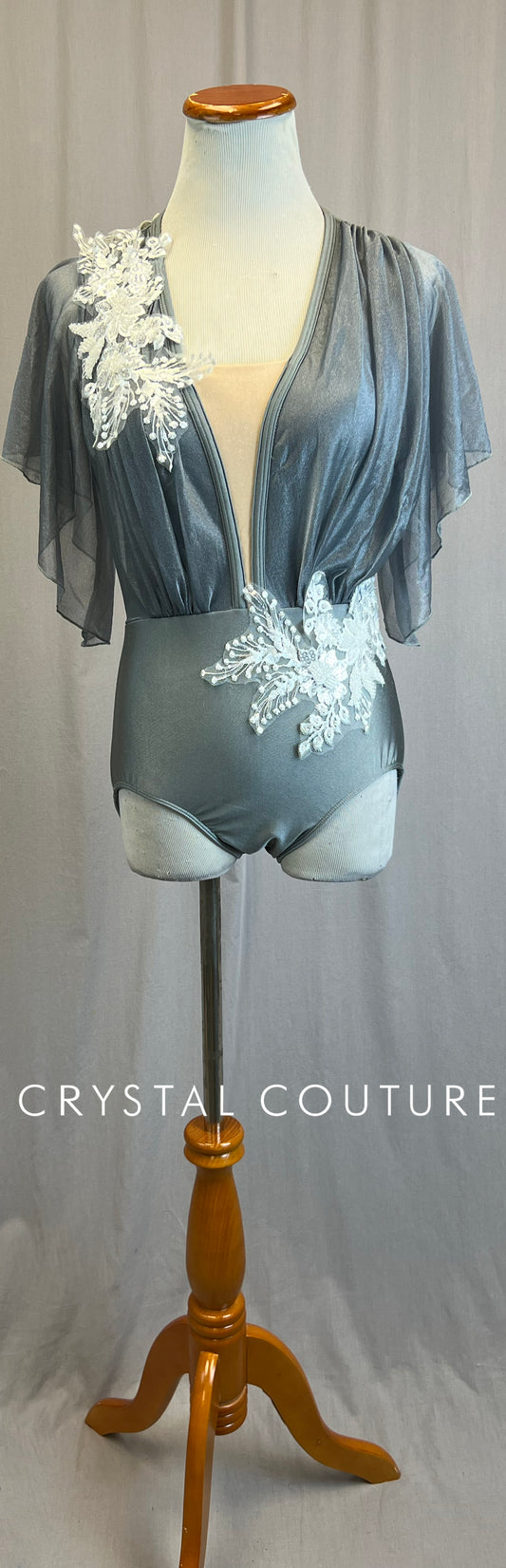 Gray Leotard with Shimmer Mesh Overlay and Flutter Sleeve