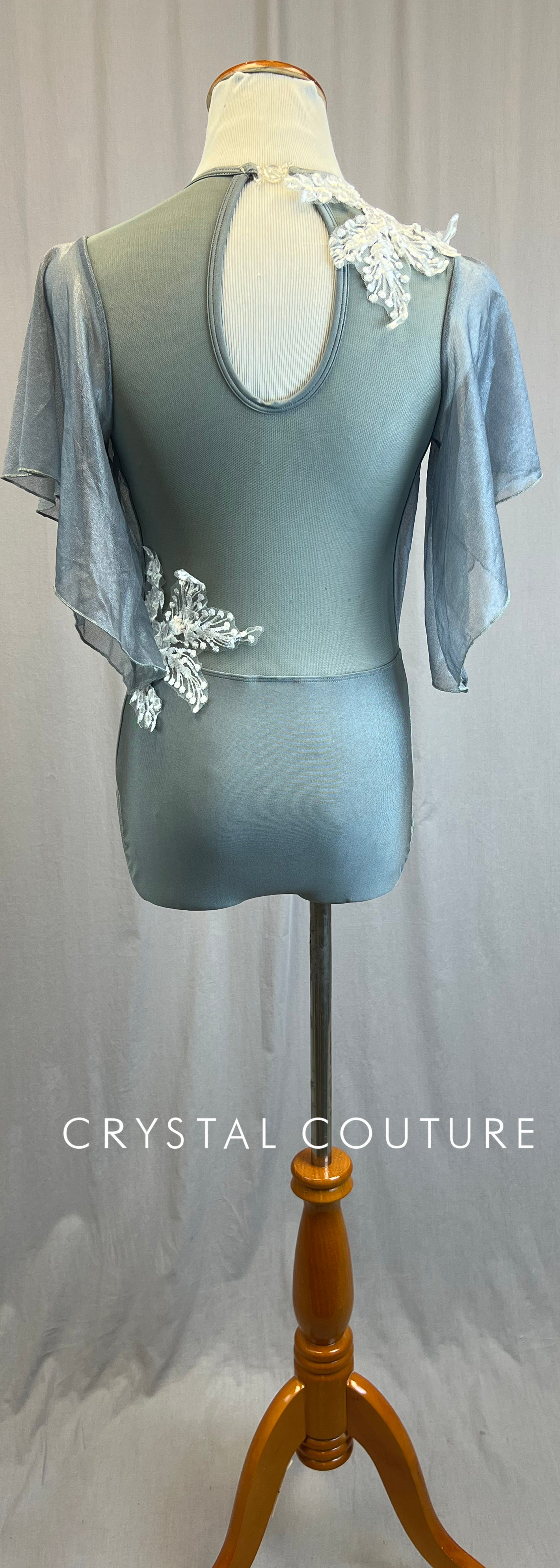Gray Leotard with Shimmer Mesh Overlay and Flutter Sleeve