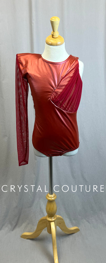 Red Metallic Asymmetrical Sleeve Leotard
