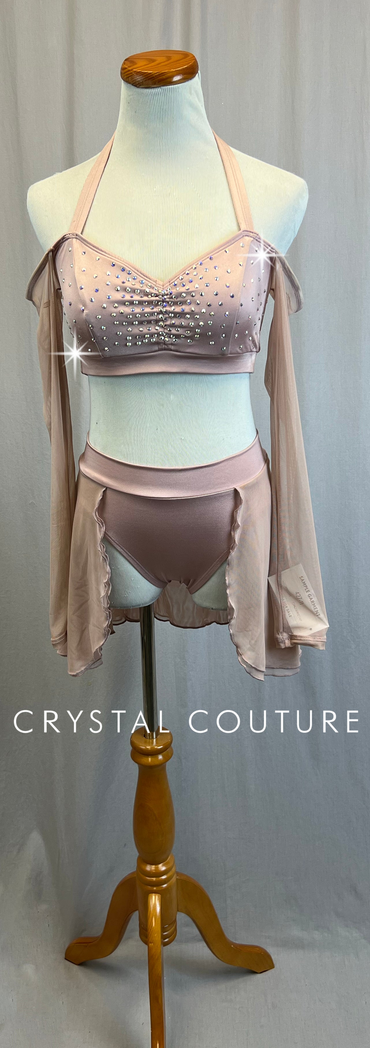 *Brand New* Rose Mesh Long Sleeve Crop Top and Half-Skirt Two-Piece Set - Rhinestones