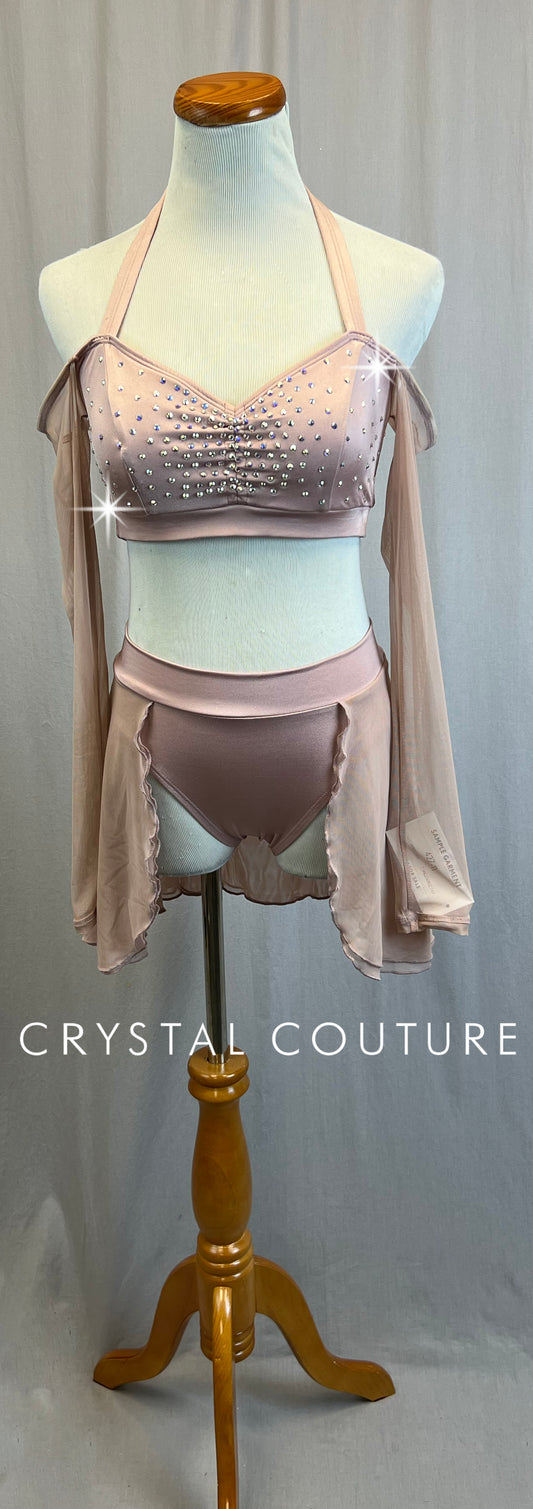 *Brand New* Rose Mesh Long Sleeve Crop Top and Half-Skirt Two-Piece Set - Rhinestones