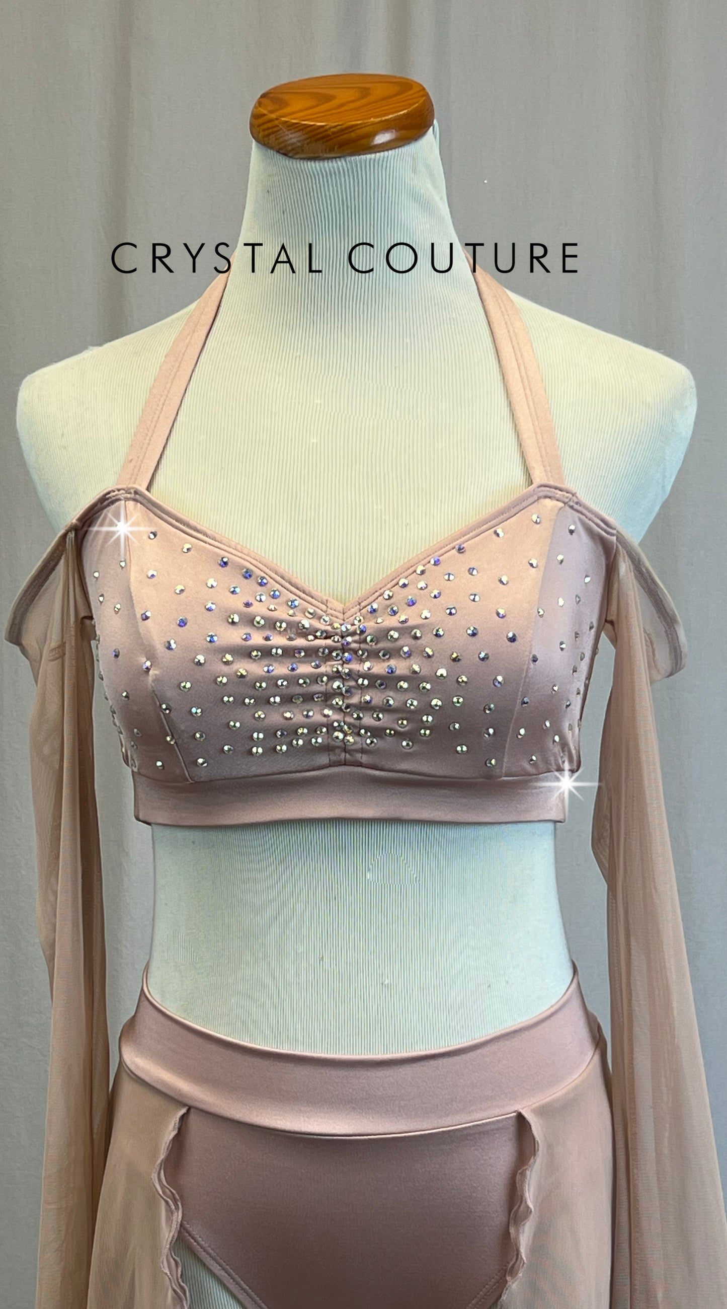 *Brand New* Rose Mesh Long Sleeve Crop Top and Half-Skirt Two-Piece Set - Rhinestones