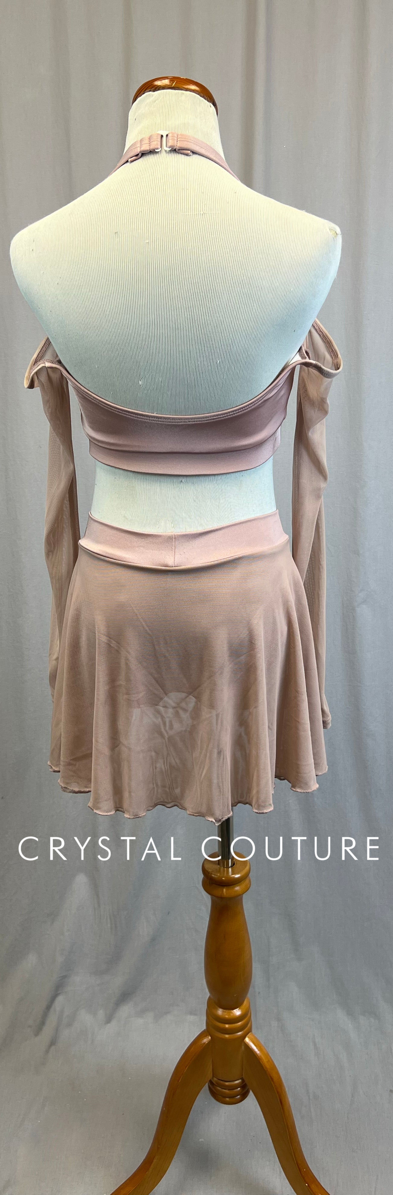 *Brand New* Rose Mesh Long Sleeve Crop Top and Half-Skirt Two-Piece Set - Rhinestones