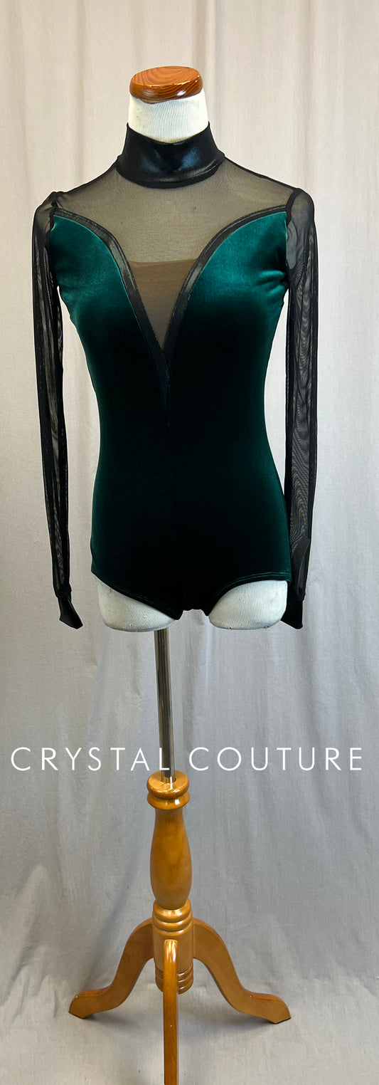 *Brand New* Dark Green Velvet and Black Mesh Long Sleeve Leotard