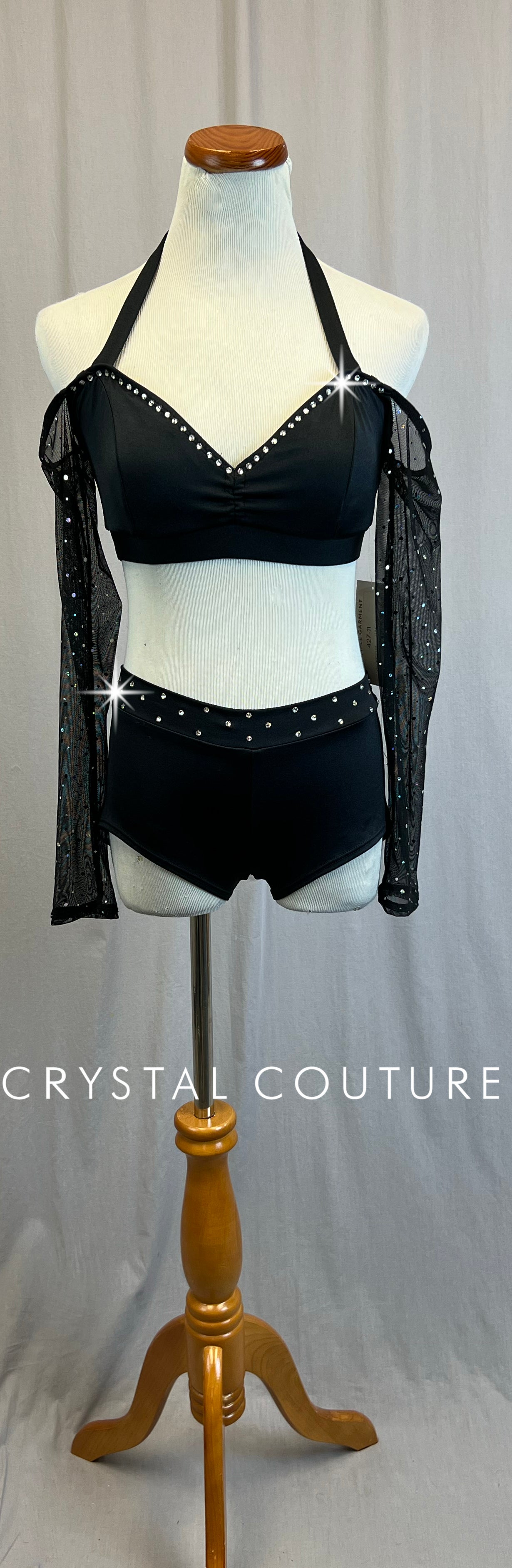 *Brand New* Black Mesh Long Sleeve Crop Top and Brief Two-Piece Set  - Rhinestones