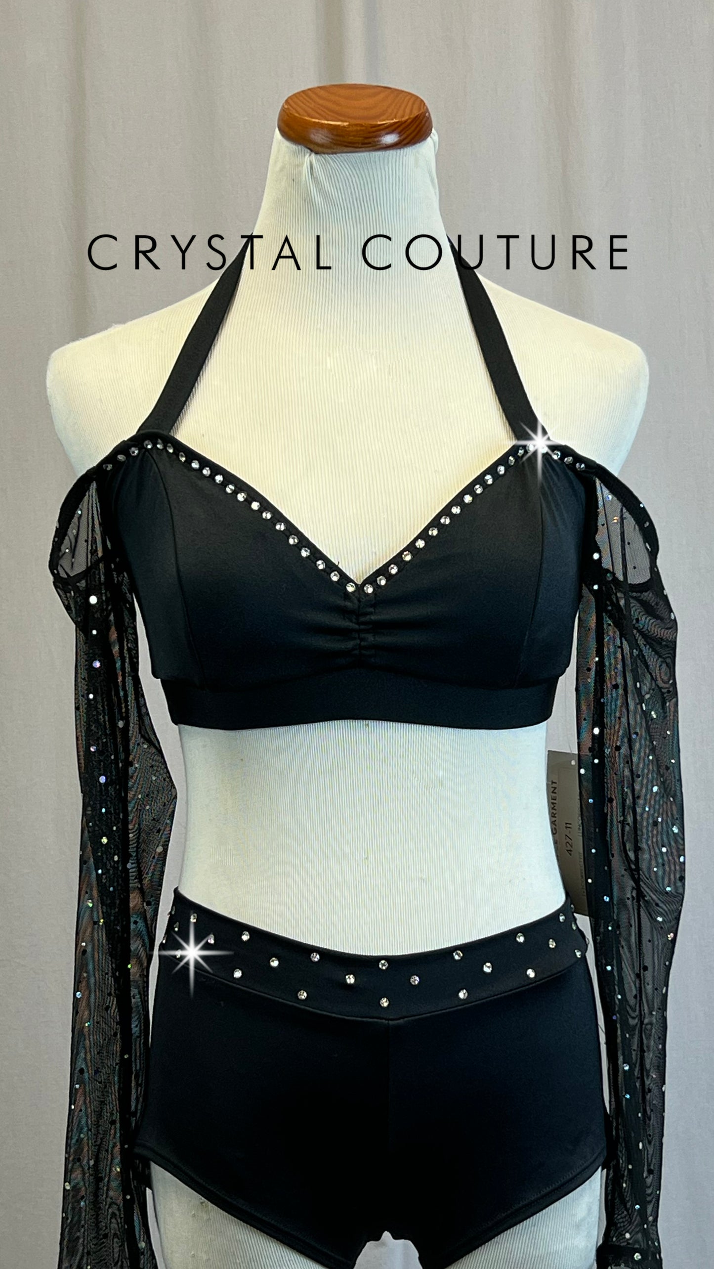 *Brand New* Black Mesh Long Sleeve Crop Top and Brief Two-Piece Set  - Rhinestones