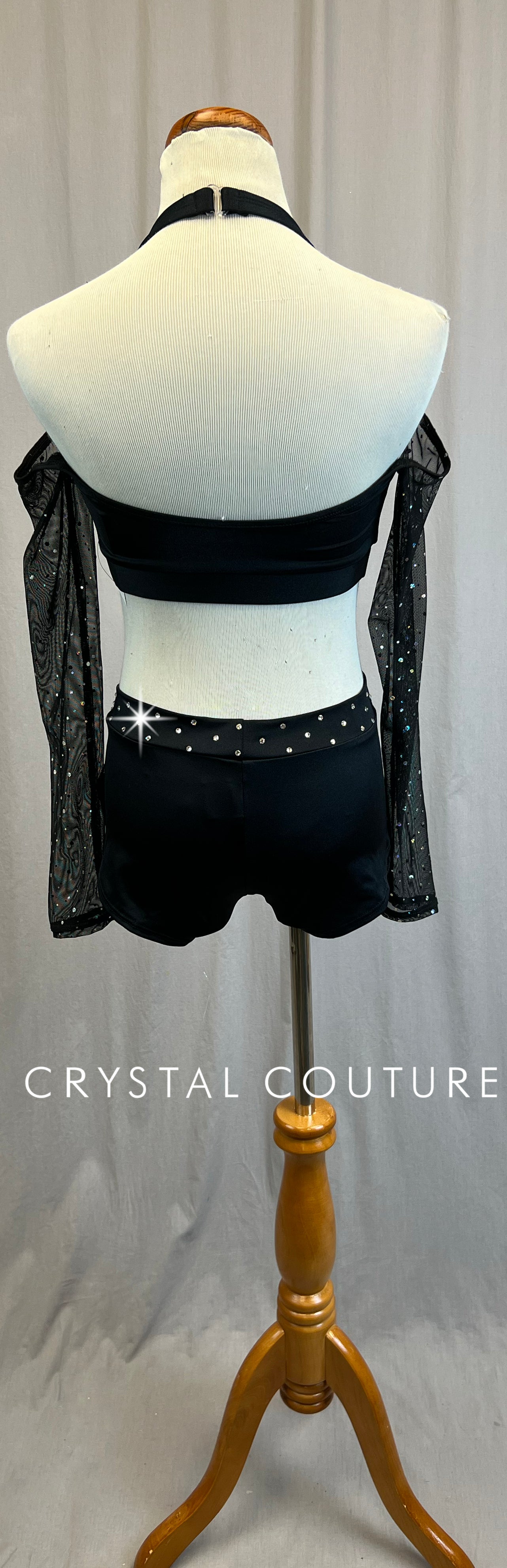 *Brand New* Black Mesh Long Sleeve Crop Top and Brief Two-Piece Set  - Rhinestones