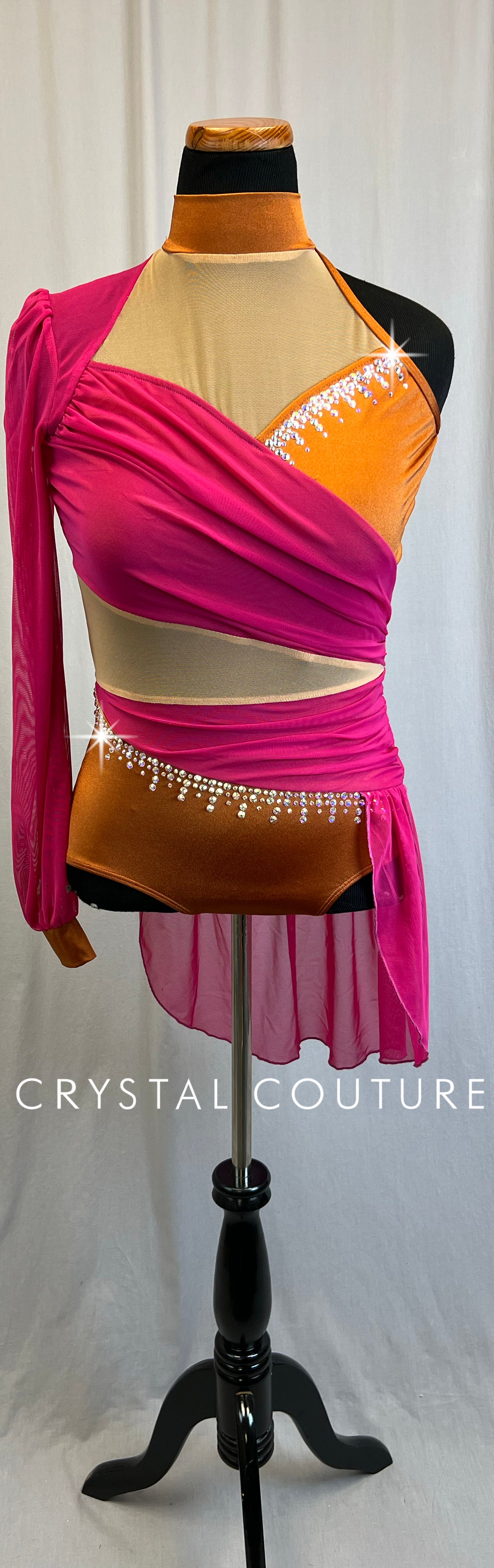 *Brand New* Berry Pink Mesh and Burnt Orange Lycra Leotard  - Rhinestones