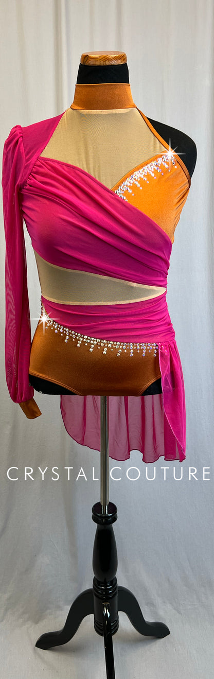 *Brand New* Berry Pink Mesh and Burnt Orange Lycra Leotard  - Rhinestones