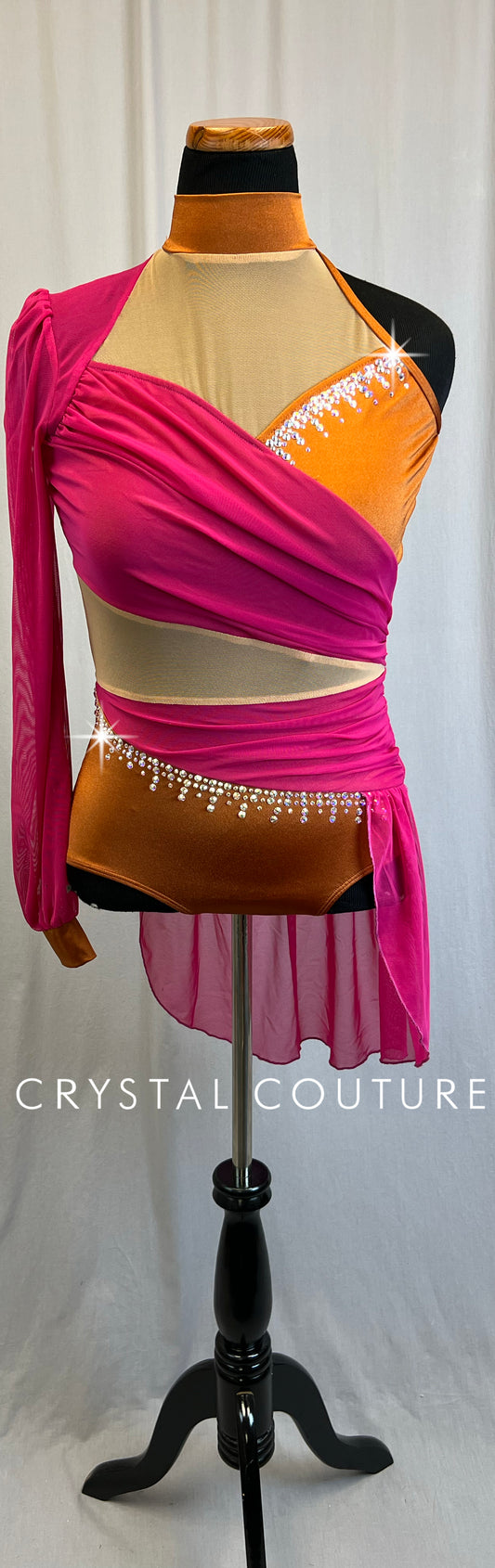 *Brand New* Berry Pink Mesh and Burnt Orange Lycra Leotard  - Rhinestones