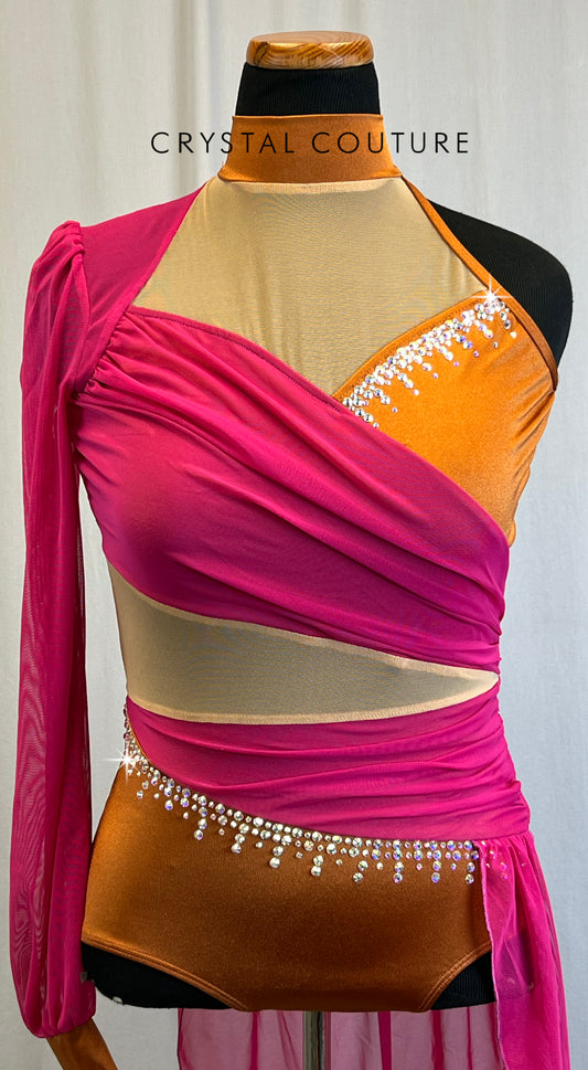 *Brand New* Berry Pink Mesh and Burnt Orange Lycra Leotard  - Rhinestones