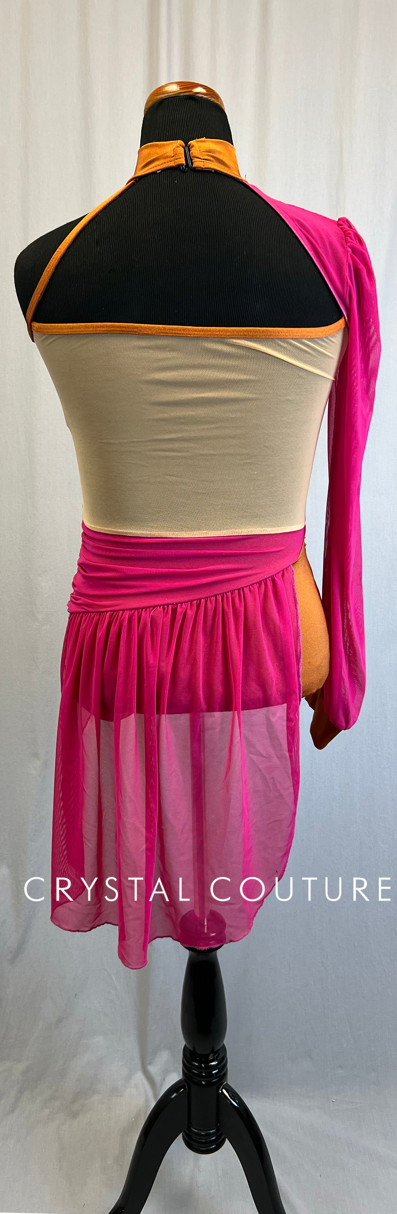 *Brand New* Berry Pink Mesh and Burnt Orange Lycra Leotard  - Rhinestones