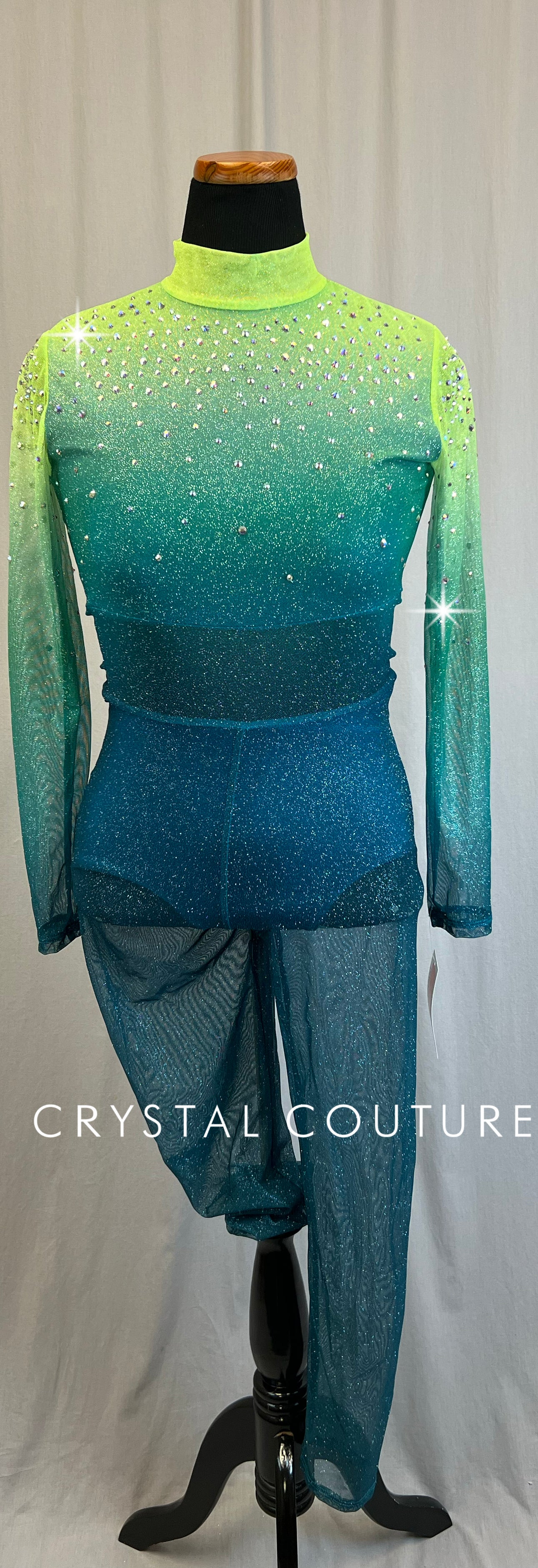 *Brand New* Green and Blue Glitter Mesh Long Sleeve Unitard  - Rhinestones