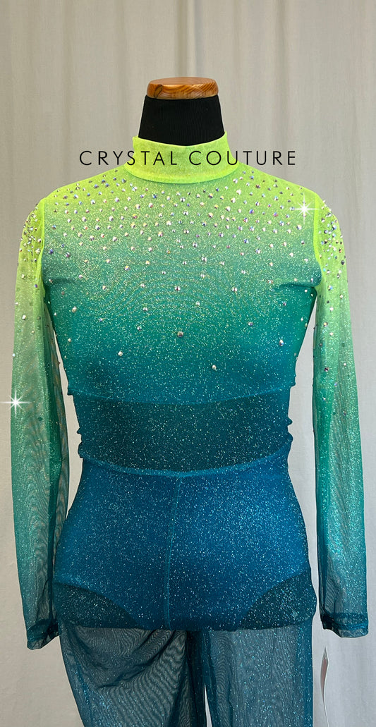 *Brand New* Green and Blue Glitter Mesh Long Sleeve Unitard  - Rhinestones