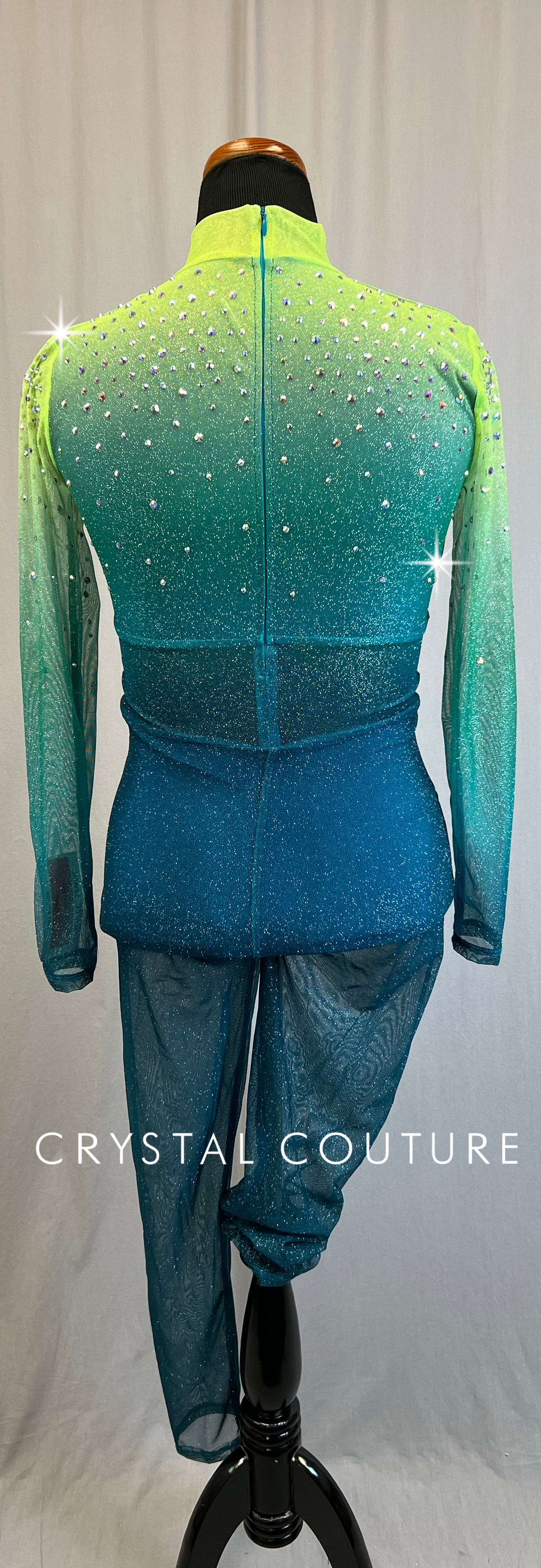 *Brand New* Green and Blue Glitter Mesh Long Sleeve Unitard  - Rhinestones