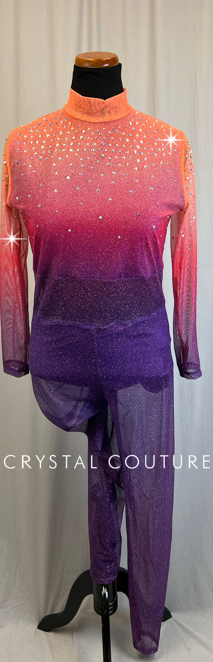*Brand New* Orange,Pink, and Purple Glitter Mesh Long Sleeve Unitard  - Rhinestones