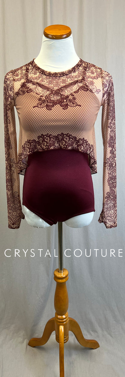 *Brand New* Burgundy Leotard and Lace Print Overlay Two-Piece Set