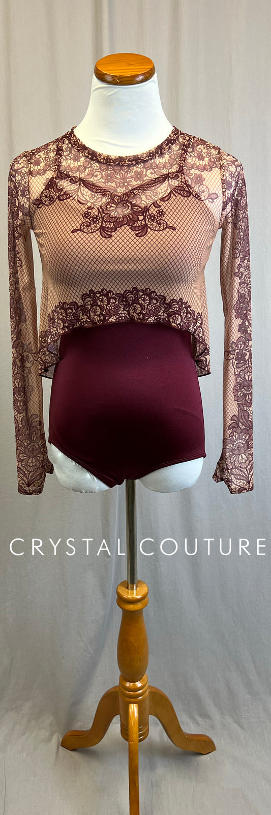 *Brand New* Burgundy Leotard and Lace Print Overlay Two-Piece Set