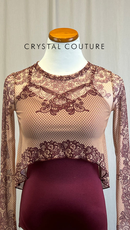 *Brand New* Burgundy Leotard and Lace Print Overlay Two-Piece Set