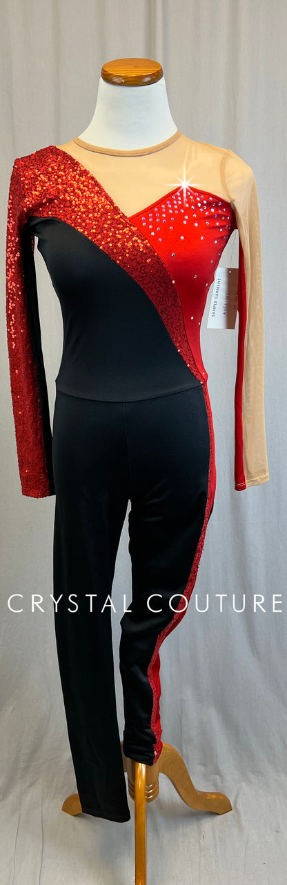 *Brand New* Black and Red Lycra and Sequin Long Sleeve Unitard with Tan Mesh Accents - Rhinestones