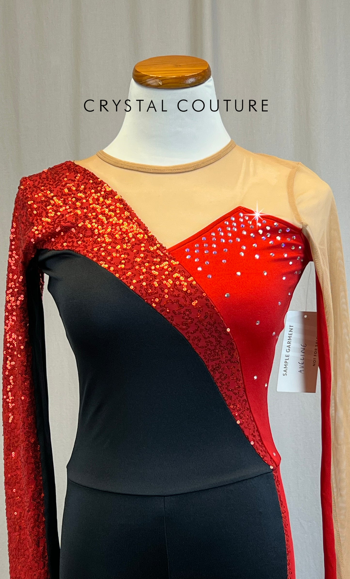 *Brand New* Black and Red Lycra and Sequin Long Sleeve Unitard with Tan Mesh Accents - Rhinestones