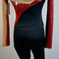 *Brand New* Black and Red Lycra and Sequin Long Sleeve Unitard with Tan Mesh Accents - Rhinestones