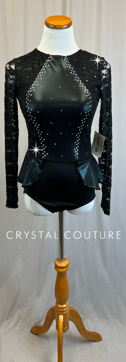 *Brand New* Black Lace and Metallic Lycra Long Sleeve Leotard with Peplum Skirt  - Rhinestones