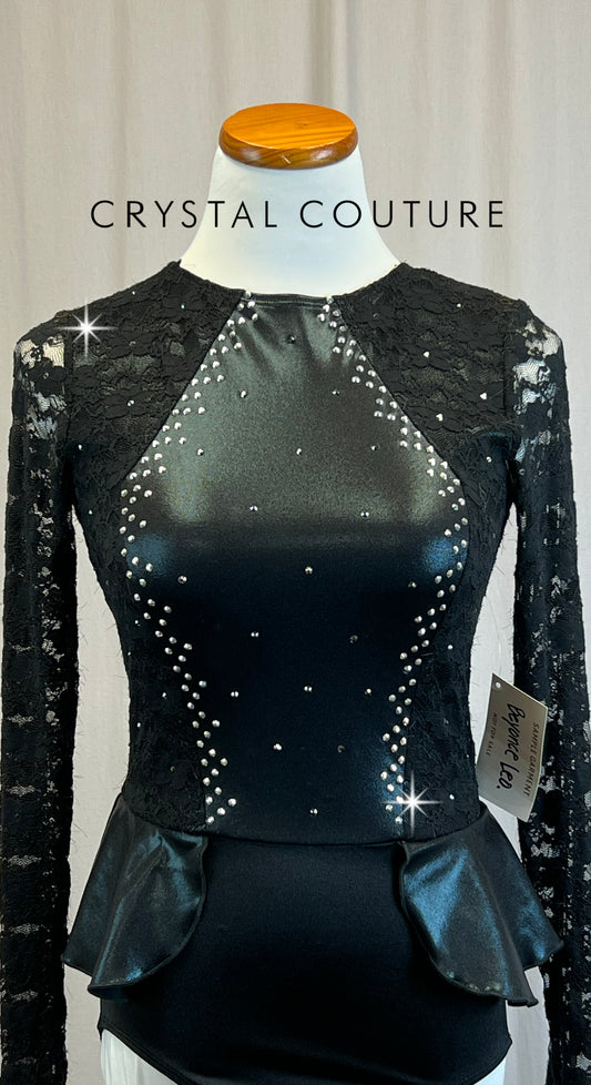 *Brand New* Black Lace and Metallic Lycra Long Sleeve Leotard with Peplum Skirt  - Rhinestones